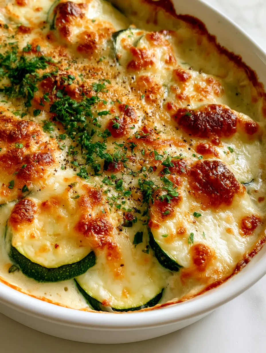 Close-up shot of bubbling mozzarella and toasted parmesan cheese with charred brown bubbles on a Zucchini and Cheese Casserole.
