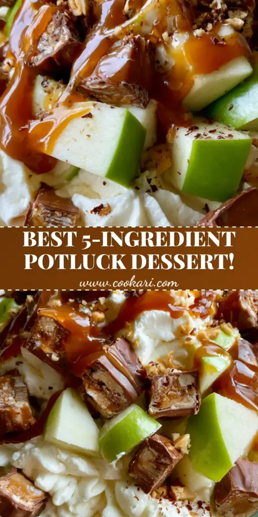 A luxurious glass bowl of Snickers Apple Salad with airy whipped peaks, vibrant green Granny Smith apples, and a thick salted caramel drizzle.