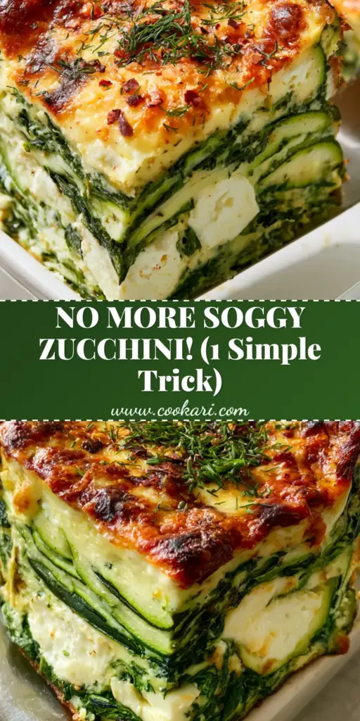 A thick, square slice of zucchini spinach feta casserole being lifted with a silver spatula, showing clear vertical layers and a charred mozzarella crust.
