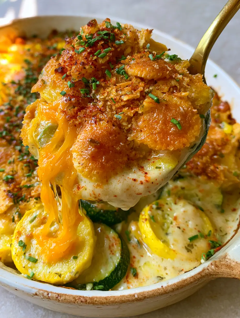 Extreme close-up of tender squash and zucchini rounds in a rich ivory sauce. (Yellow Squash and Zucchini Casserole)