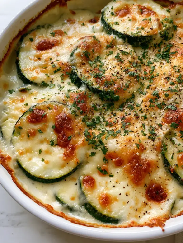Zucchini rounds with vibrant green skins peeking through a velvet garlic cream sauce in a white ceramic dish.