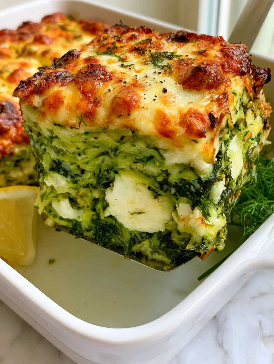 Zucchini Spinach and Feta Casserole with a Crispy Mozzarella Crust 3 Smartphone photo of a Zucchini Spinach and Feta Casserole slice showing the bubbly, charred mozzarella edges and dense internal layers.