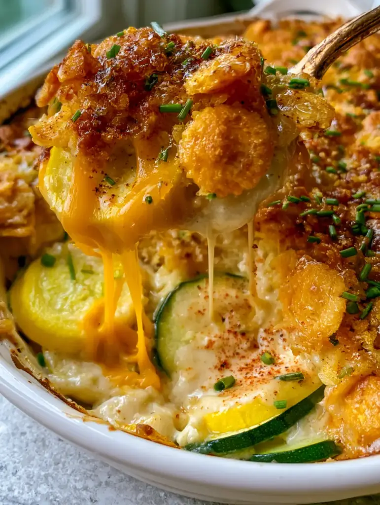 Deep amber Ritz cracker crust on top of a bubbling yellow squash and zucchini casserole.
