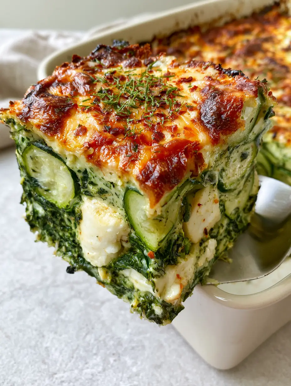 High-angle shot of zucchini spinach feta casserole in a white dish with a golden brown crust and fresh dill garnish.