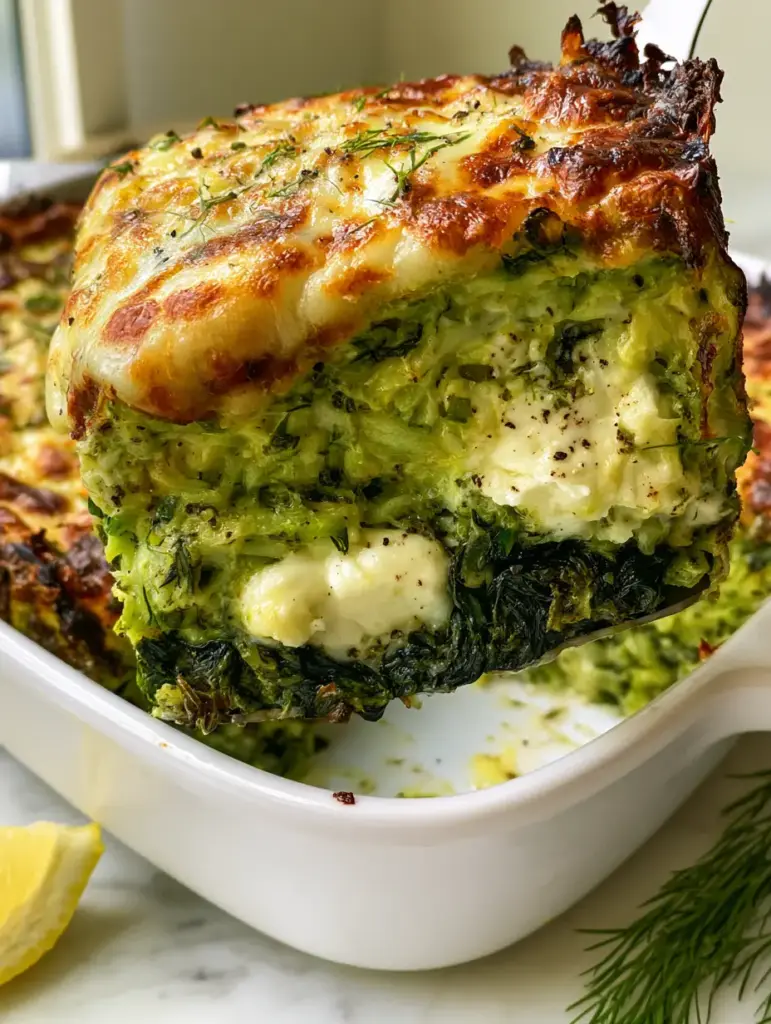 Zucchini Spinach and Feta Casserole with a Crispy Mozzarella Crust 1 Side view of a Zucchini Spinach and Feta Casserole slice on a white marble countertop with a lemon wedge and fresh dill sprig garnish.
