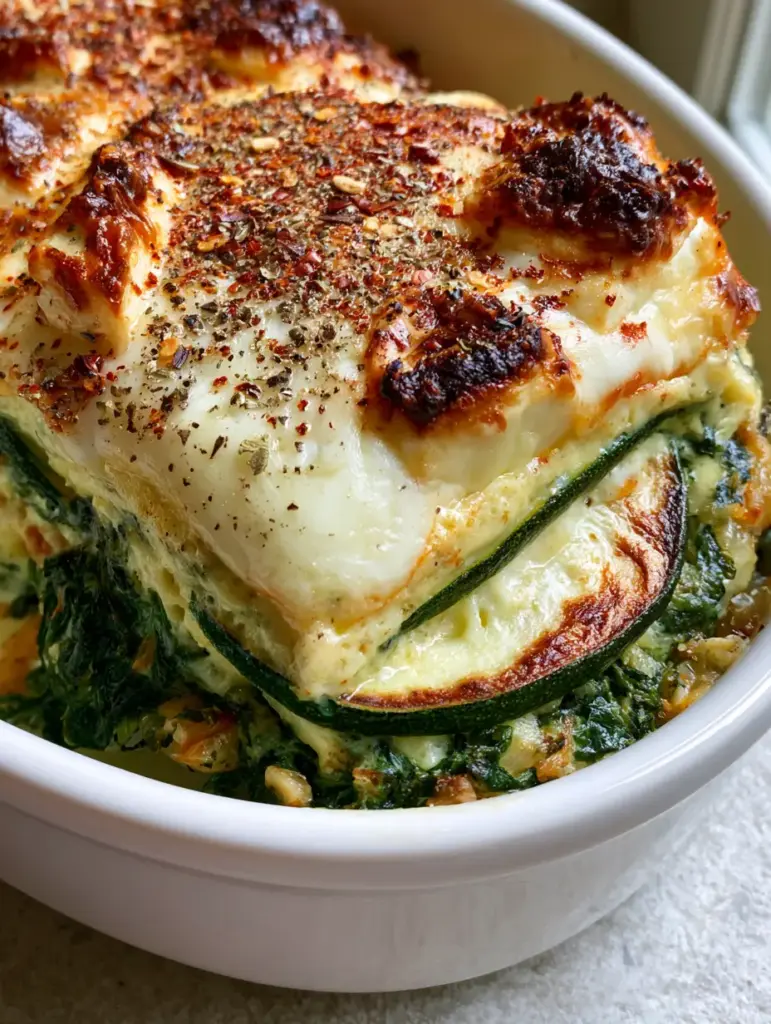 Baked Zucchini Spinach Feta Casserole: The Ultimate Cheesy Mediterranean Bake 2 Smartphone photo showing a slice of Baked Zucchini Spinach Feta Casserole with charred zucchini edges and melted mozzarella on a grey stone background.