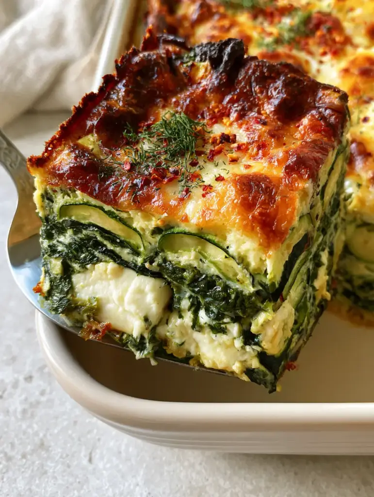 Close-up of the moist but firm eggy texture of a zucchini spinach feta casserole slice with visible large chunks of melted feta.