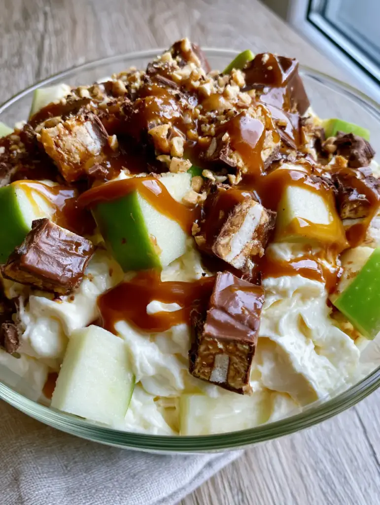 High-angle view of Snickers Apple Salad topped with crushed peanuts and micro chocolate shavings on a wooden table.