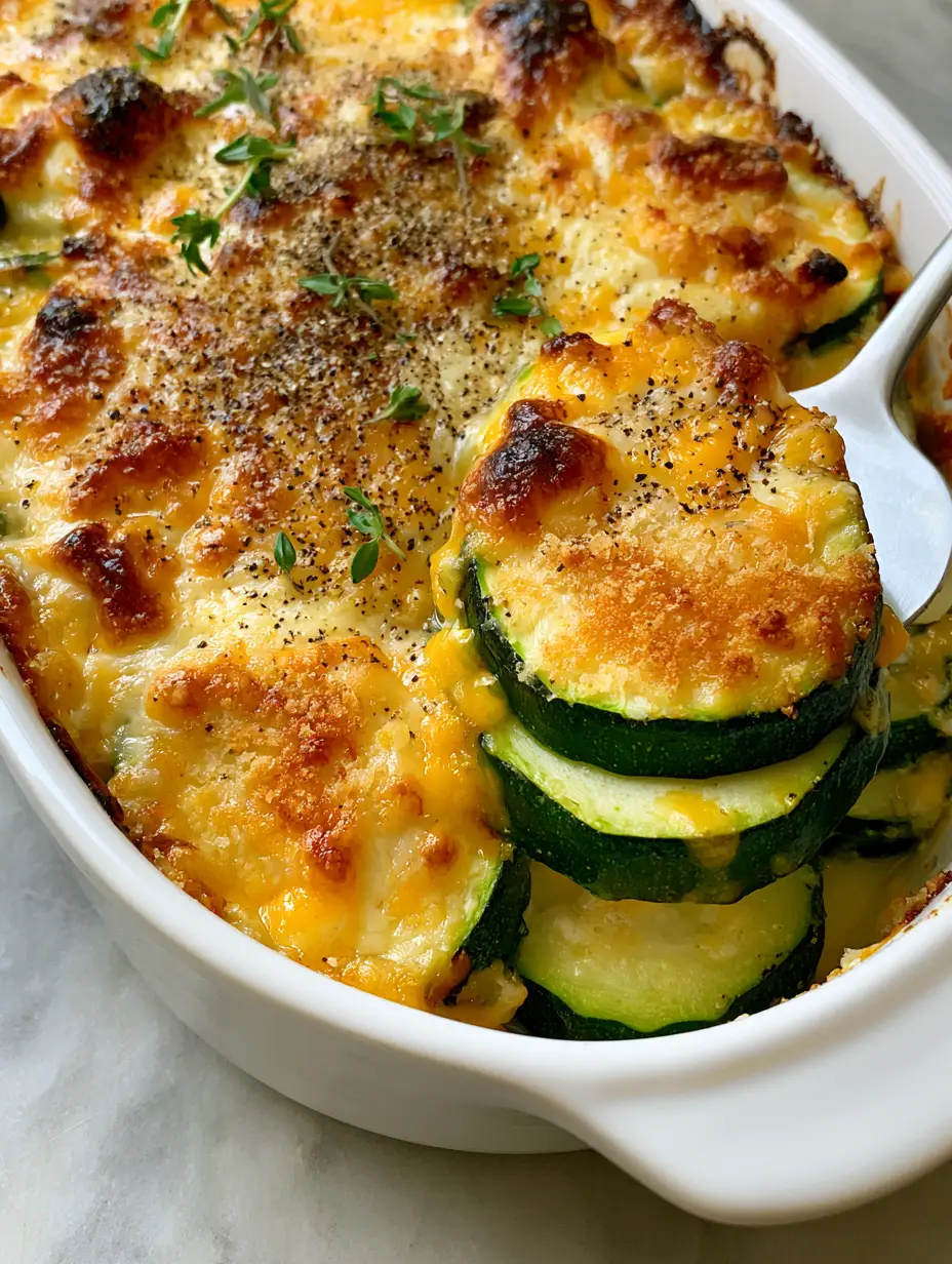 Overhead view of a Baked zucchini and cheese casserole showing scorched cheese peaks and fresh thyme sprigs. (Baked zucchini and cheese casserole)
