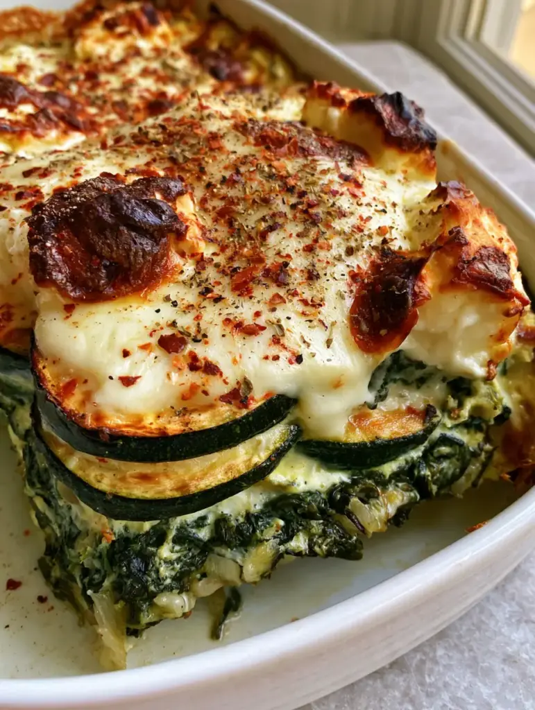 Baked Zucchini Spinach Feta Casserole: The Ultimate Cheesy Mediterranean Bake 1 A top-down view of the Baked Zucchini Spinach Feta Casserole in a white dish, highlighting the browned feta chunks and red pepper flake garnish.