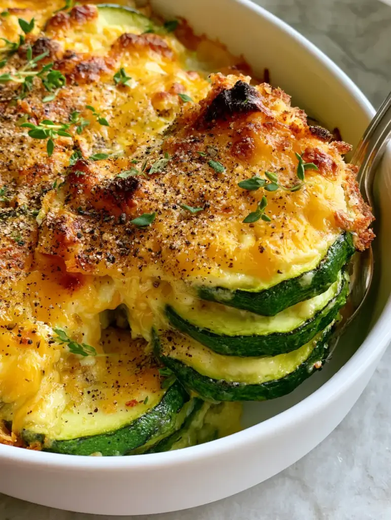 Close-up detail of the toasted parmesan crust and panko-like edges on a Baked zucchini and cheese casserole.