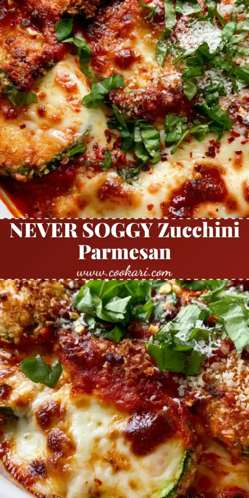 A close-up shot of Baked Zucchini Parmesan Casserole in a white dish, showing crispy panko rounds, melted mozzarella with blistered spots, and fresh basil garnish.