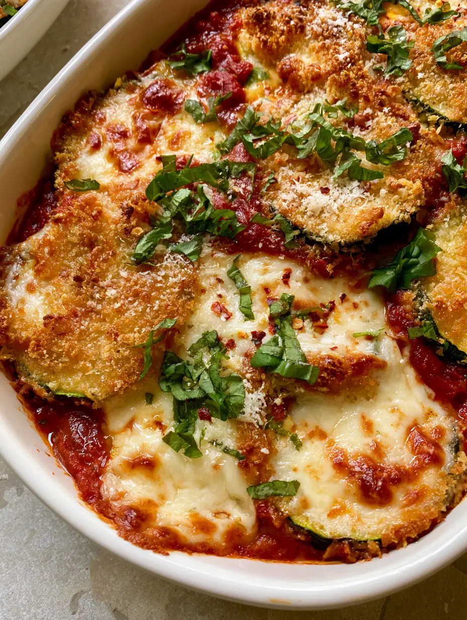 Macro top-down view of Baked Zucchini Parmesan Casserole highlighting the craggy toasted panko and deep-red marinara sauce.