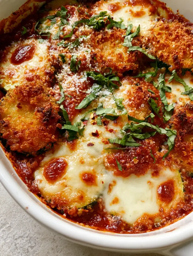 Close-up of bubbling mozzarella cheese with browned blistered spots on top of a Baked Zucchini Parmesan Casserole.