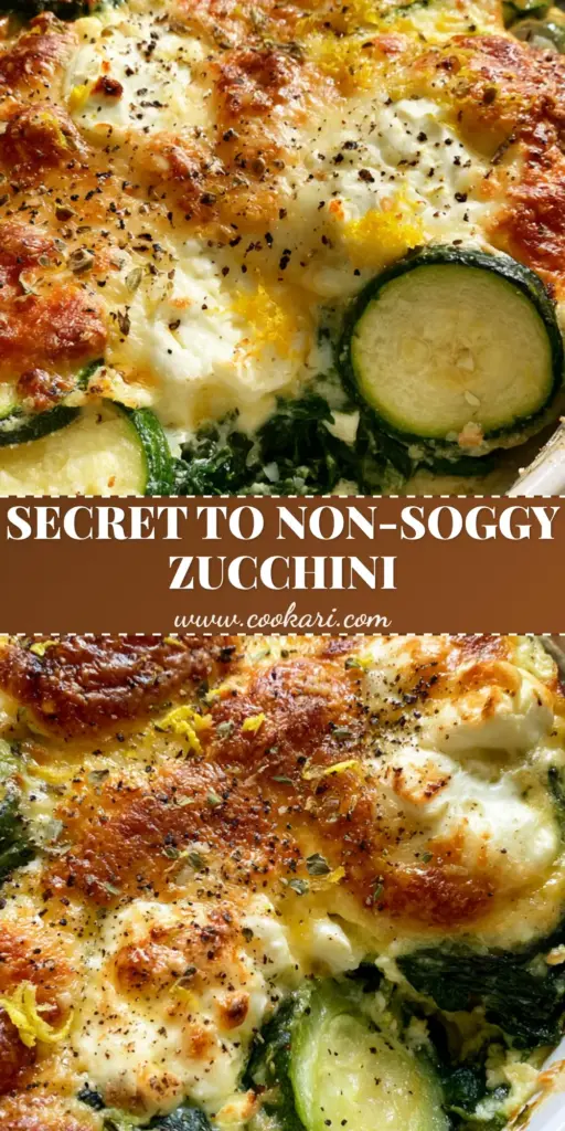 A steaming slice of Baked Zucchini Spinach and Feta Casserole being lifted from a white ceramic dish, showing layers of green zucchini and wilted spinach with a golden-brown parmesan crust.