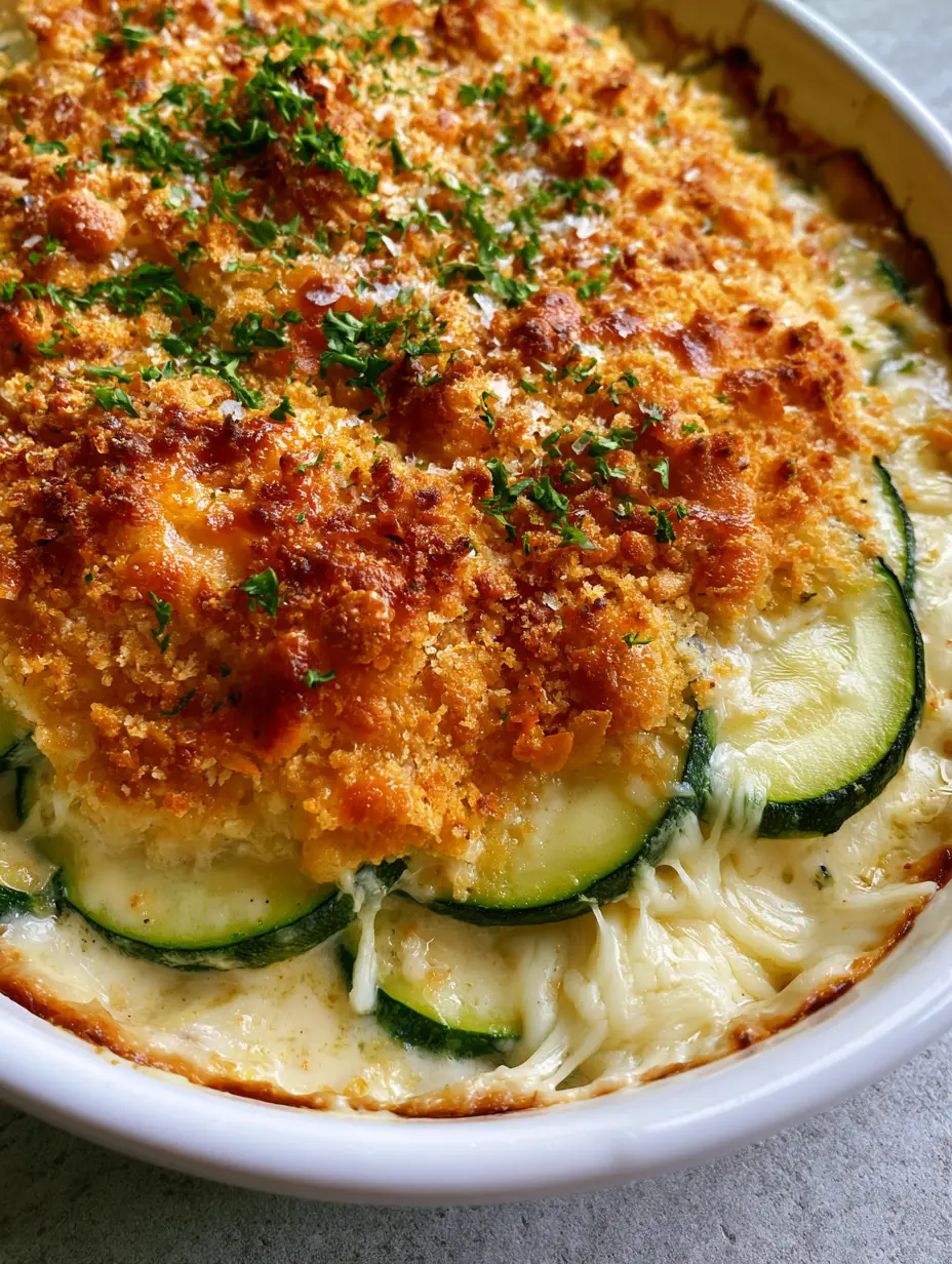 Macro shot of semi-translucent green zucchini slices in a velvety garlic-cream sauce with toasted golden crumbs. (zucchini casserole)