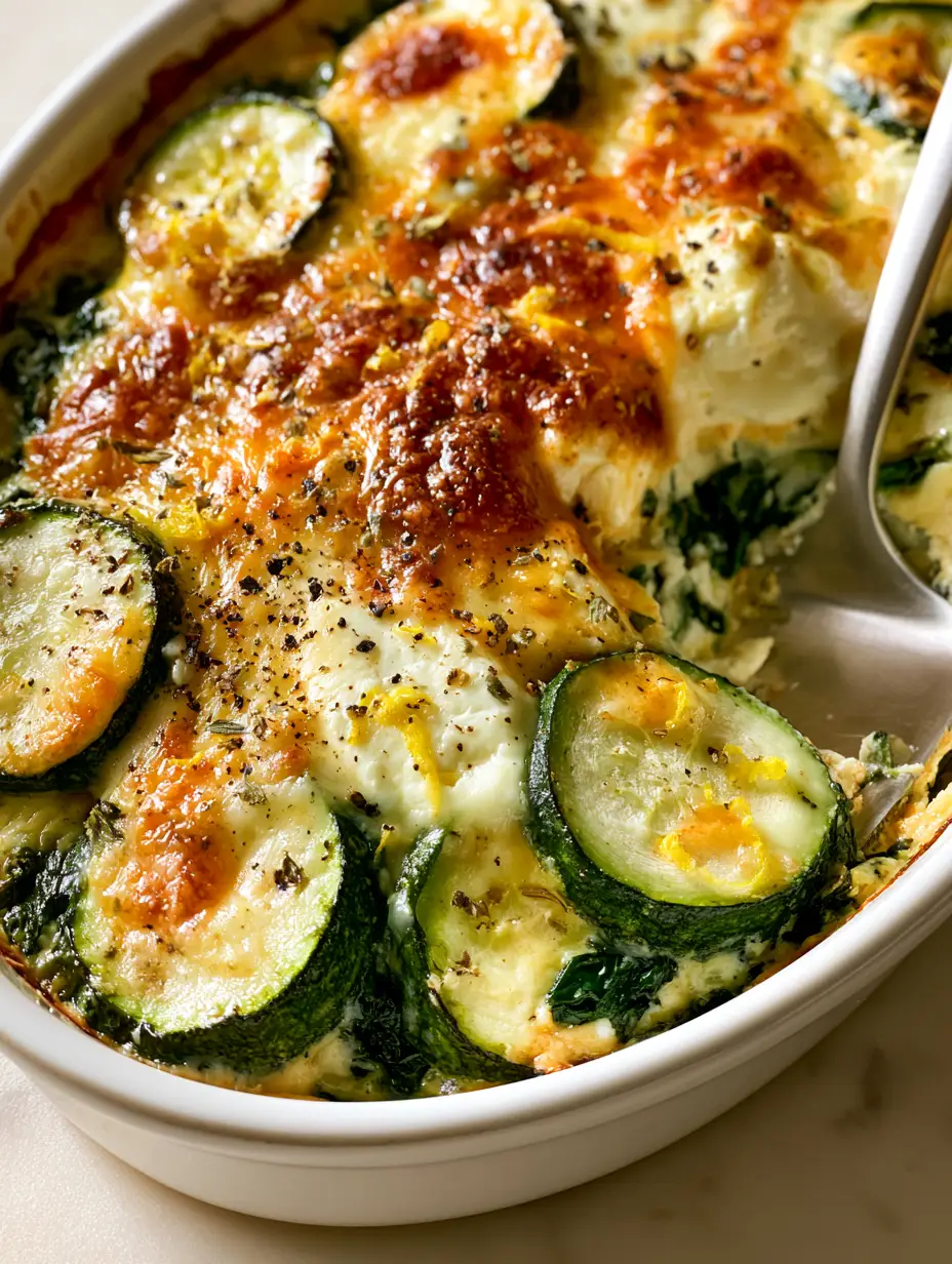 A close-up handheld photo of a Baked Zucchini Spinach and Feta Casserole in a white dish, highlighting the bubbling parmesan topping and large white feta chunks.