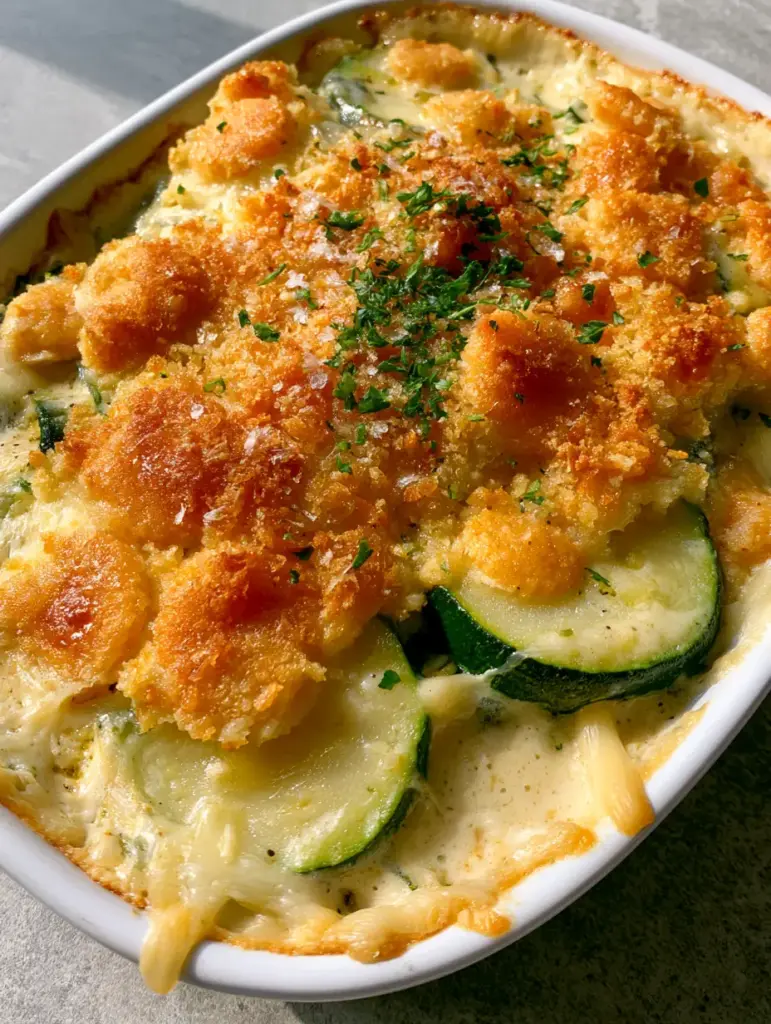 A top-down view of a golden-brown zucchini casserole garnished with fresh parsley and flaky sea salt. (zucchini casserole)