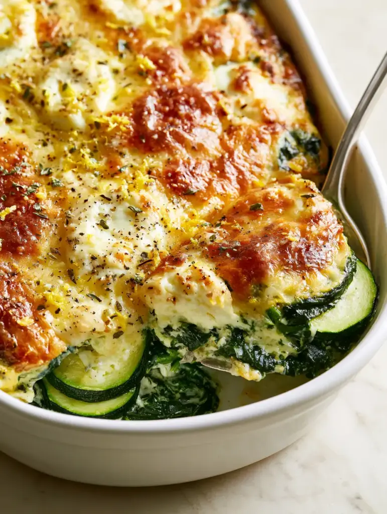 Visual details of the interior of a Baked Zucchini Spinach and Feta Casserole showing steam rising from a sliced section with bright yellow lemon zest curls on top.