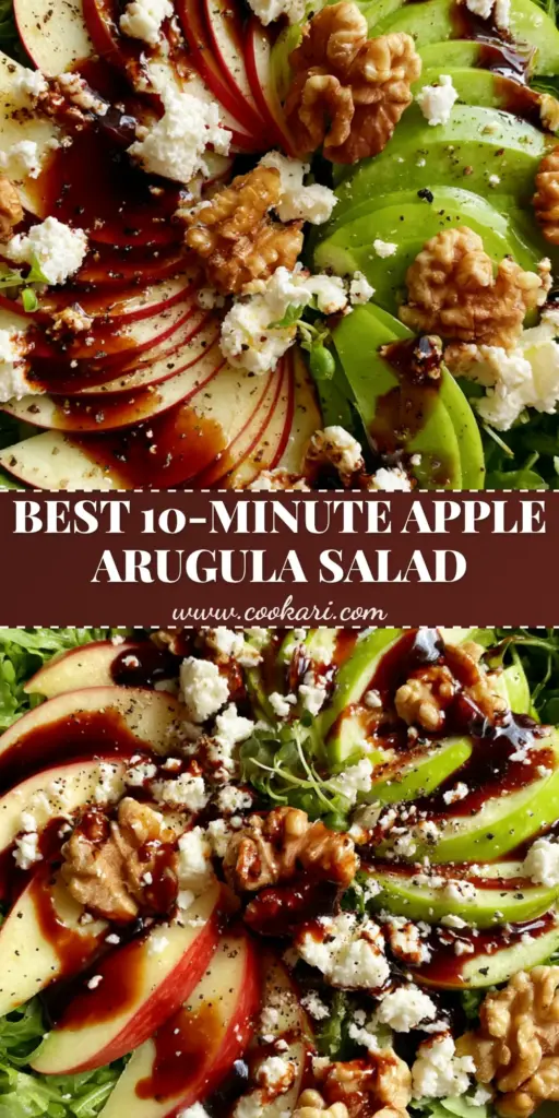 A top-down gourmet Apple Arugula Salad with red and green apple slices, toasted walnuts, and feta in a white artisanal bowl. (Apple Arugula Salad)