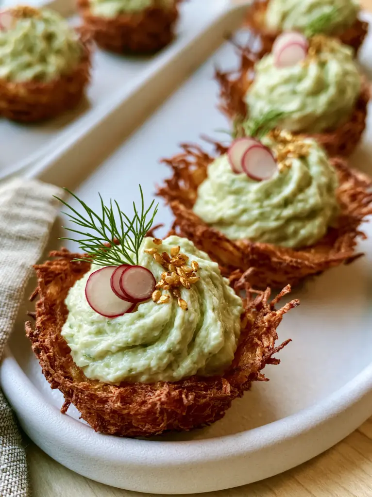 Easter Finger Foods: Crispy Hashbrown Bird Nests with Herbed Cream Cheese 2 Close-up of lacy, crispy shredded potato nests on a white tray. (easter finger foods)