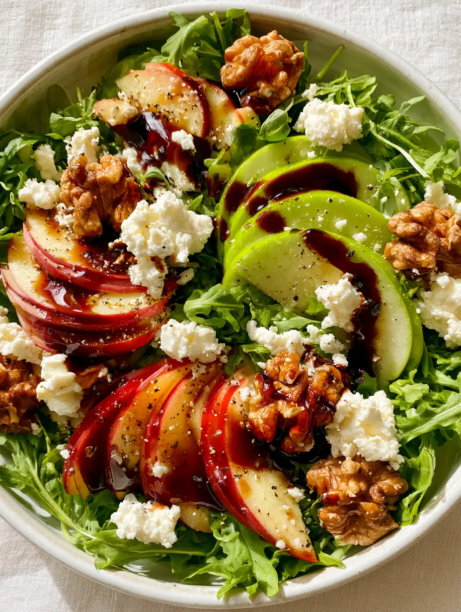 Macro shot of thin crescent apple slices and toasted walnuts on a bed of arugula with dark balsamic drizzle. (Apple Arugula Salad)