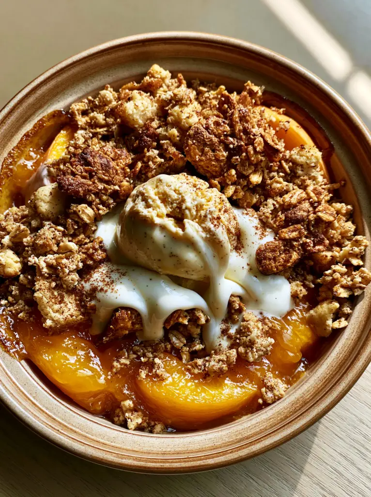 Peach Crisp with Oversized Toasted Oat Clusters and Vanilla Bean Cascade 1 Close-up of oversized toasted oat clusters and buttery flour crumble on a Peach Crisp.