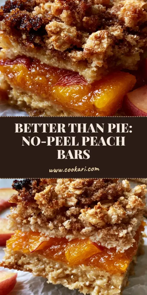 Peach crumb bars with a Jammy Skin-On Center and Toasted Oat Clusters 5 A thick, handheld Peach crumb bar showing the three layers: buttery oatmeal base, jammy skin-on peaches, and toasted oat clusters. (Peach crumb bars)