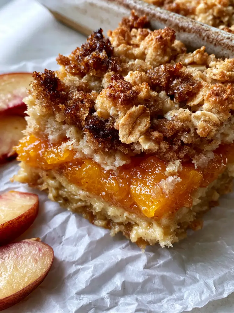 Close-up macro photography of a single Peach Crumb Bar being lifted from a ceramic dish, showing bubbling nectar and caramelized edges. (Peach crumb bars)