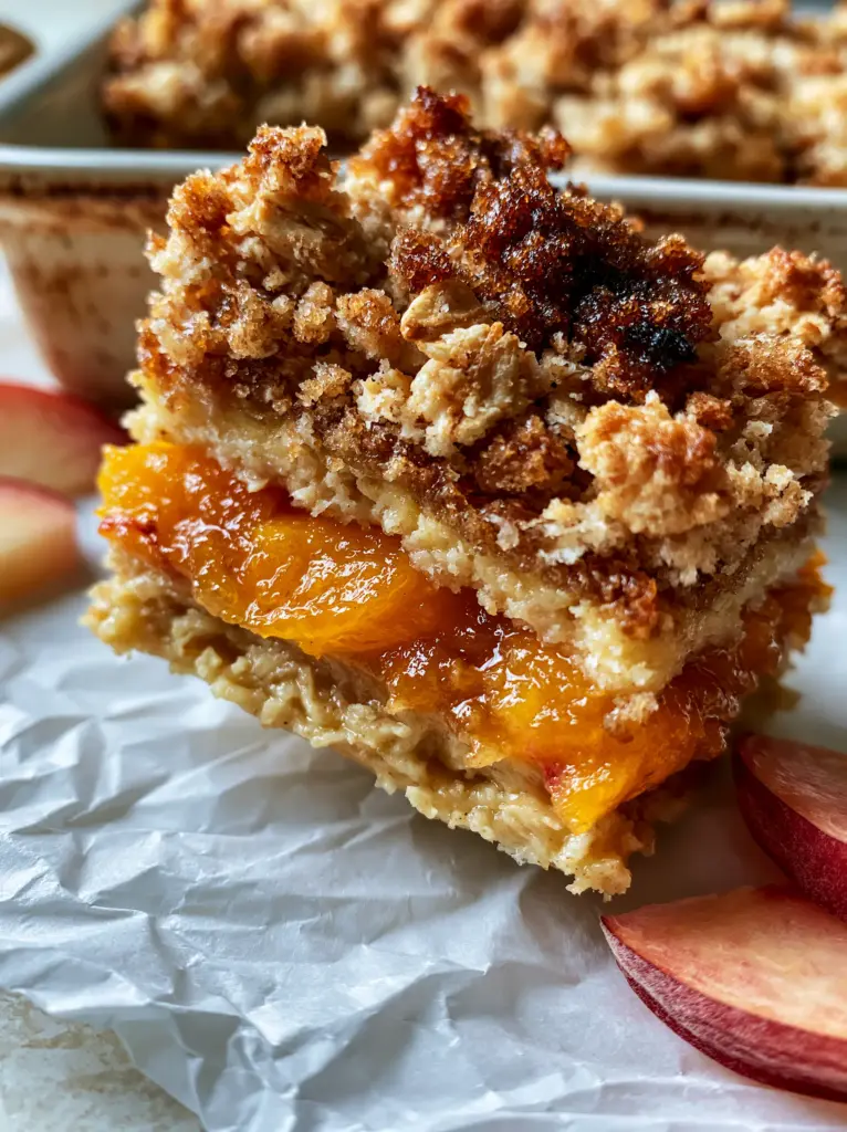 Peach crumb bars with a Jammy Skin-On Center and Toasted Oat Clusters 1 Slightly overhead shot of Peach crumb bars on parchment paper with fresh peach slices as a garnish.