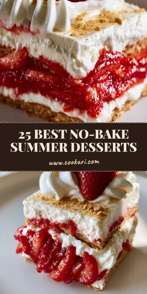 Summer dessert recipes: The Ultimate Gourmet Strawberry Mascarpone Icebox Cake 3 A vertical slice of Strawberry Icebox Cake with visible layers of honey graham crackers and mascarpone. (Summer dessert recipes)