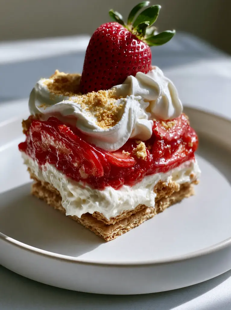 Macro close-up showing the airy white whipped mascarpone cream and glazed strawberry layers. (Summer dessert recipes)
