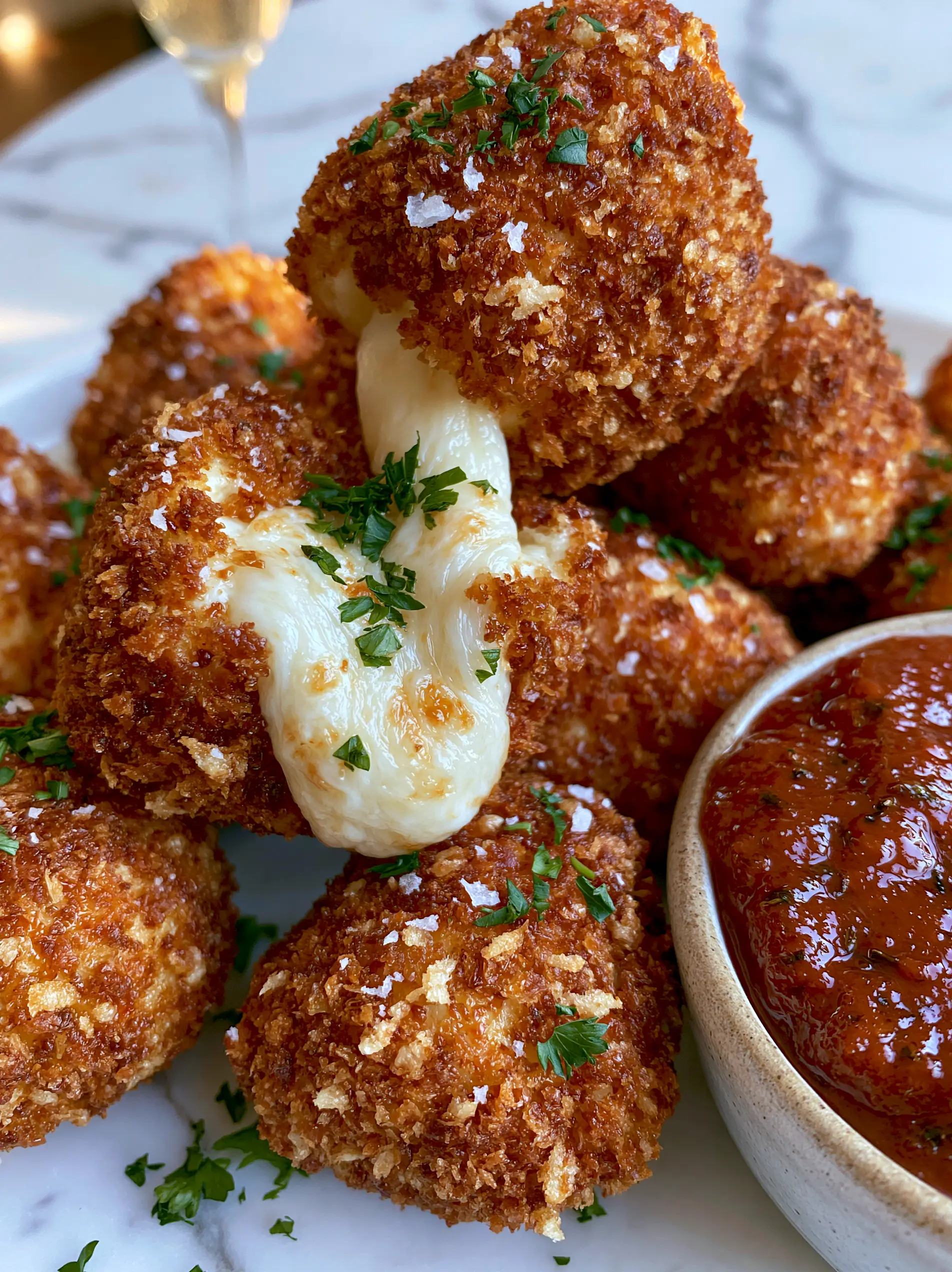 New Year's Eve Snacks: Golden Panko Mozzarella Bites and Arancini 3 Extreme close-up of a mozzarella bite pulled apart showing a thick stretchy cheese string (new year's eve snacks).