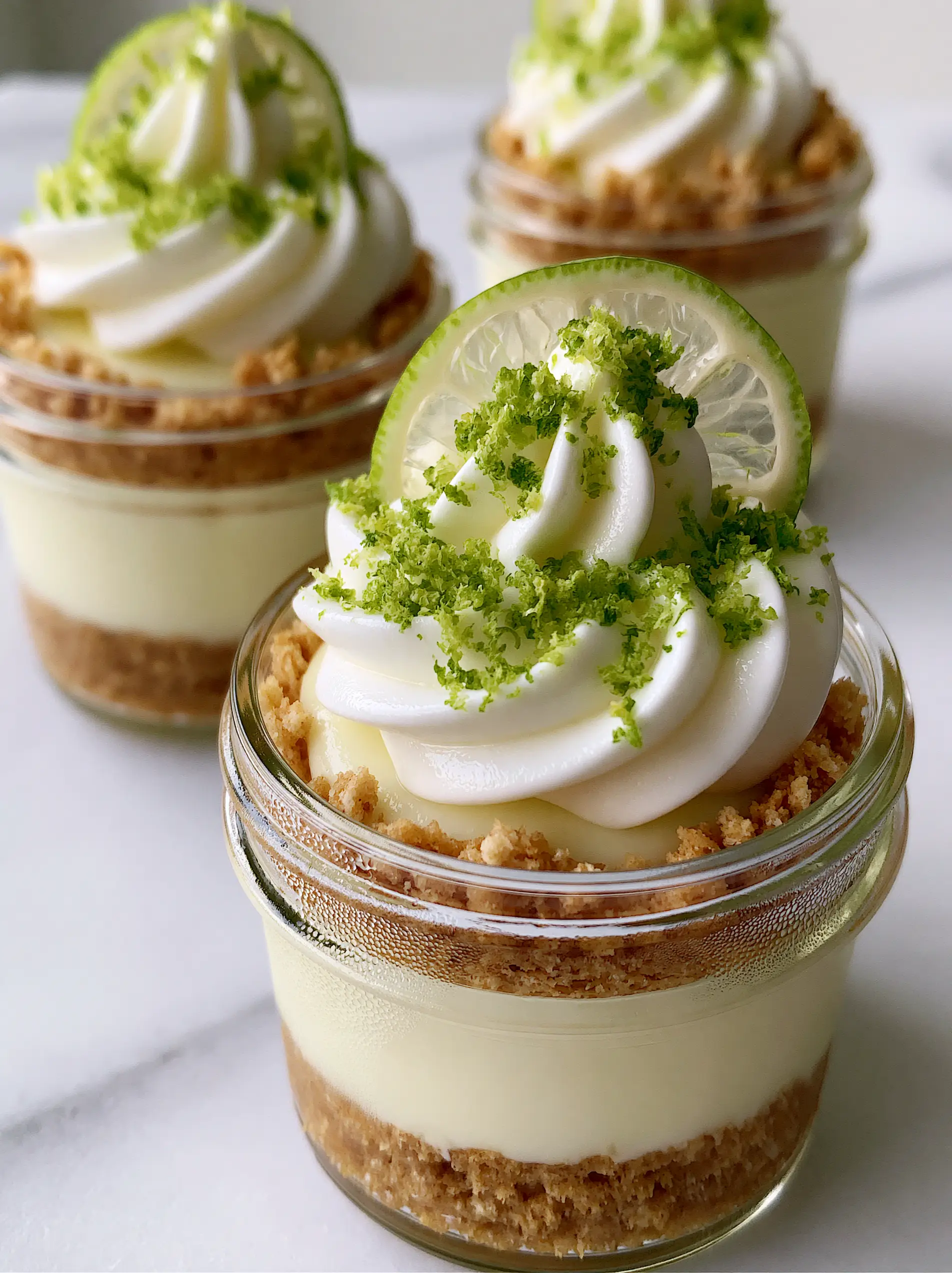 Key Lime Pie Jars: The Ultimate Individual No-Bake Summer Dessert 4 Low-angle shot of key lime pie jars showing the distinct layers of compressed crumbs and pale-green filling.