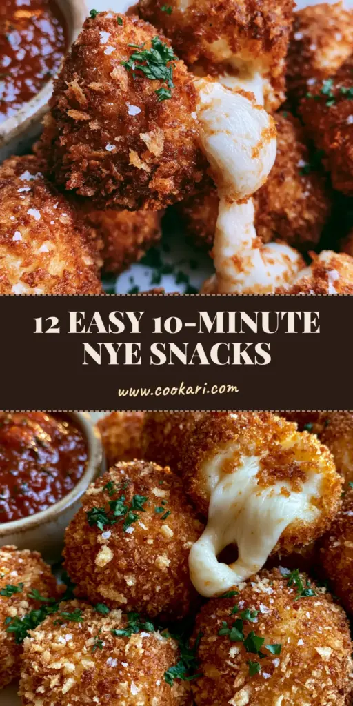 New Year's Eve Snacks: Golden Panko Mozzarella Bites and Arancini 4 A luxury platter of new year's eve snacks featuring crispy panko mozzarella bites and arancini on a marble surface.