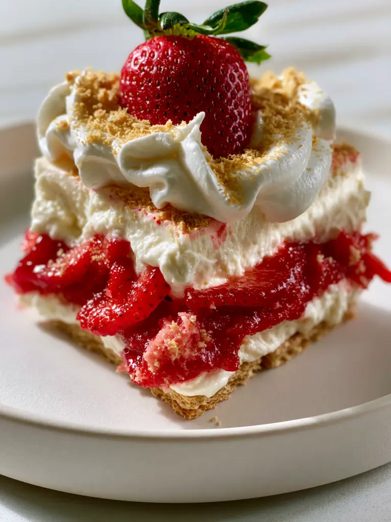 Summer dessert recipes: The Ultimate Gourmet Strawberry Mascarpone Icebox Cake 1 A side view of the gourmet strawberry icebox cake plated on white ceramic with condensation.