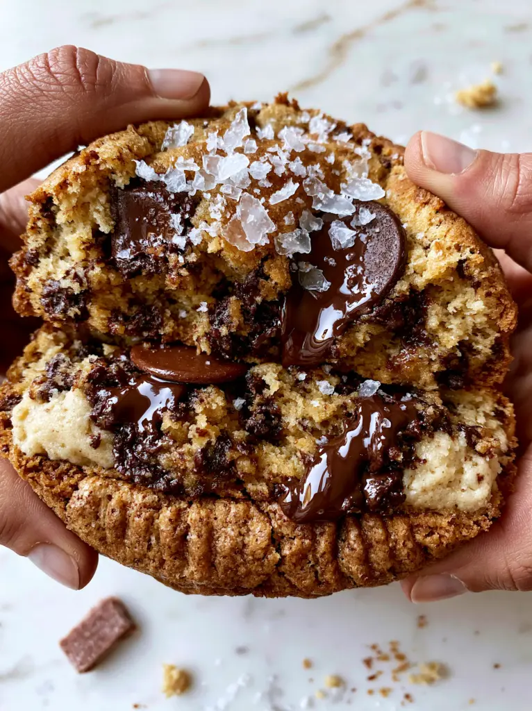 Hands pulling apart a large cookie to reveal a gooey, fudgy center for this chewy chocolate chip cookies recipe.