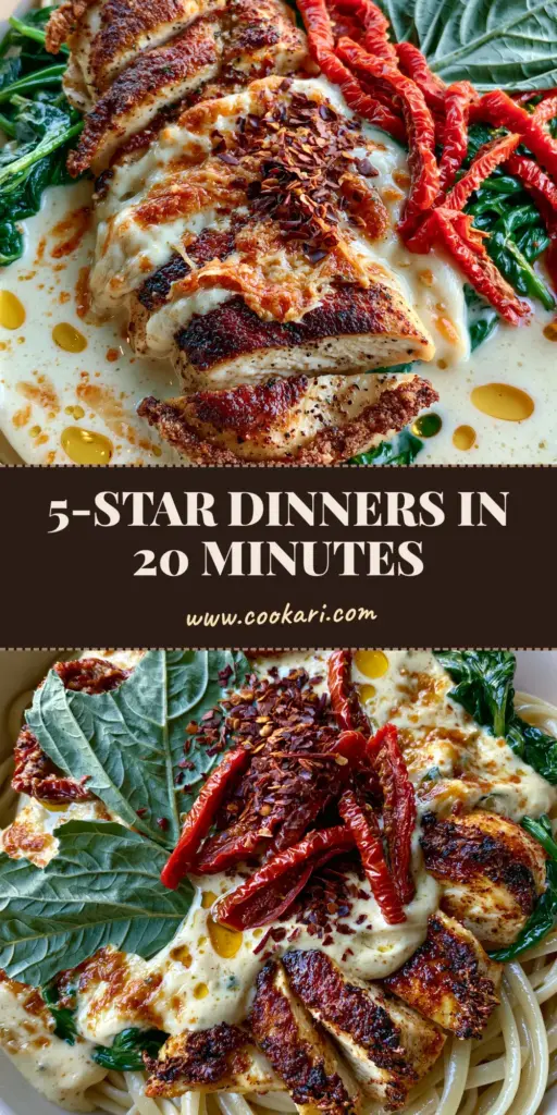 Recipe Ideas: Creamy Tuscan Garlic Chicken Pasta with Sun-Dried Tomatoes 4 A close-up shot of creamy Tuscan chicken pasta with sundried tomatoes and fresh basil, perfect for dinner recipe ideas.
