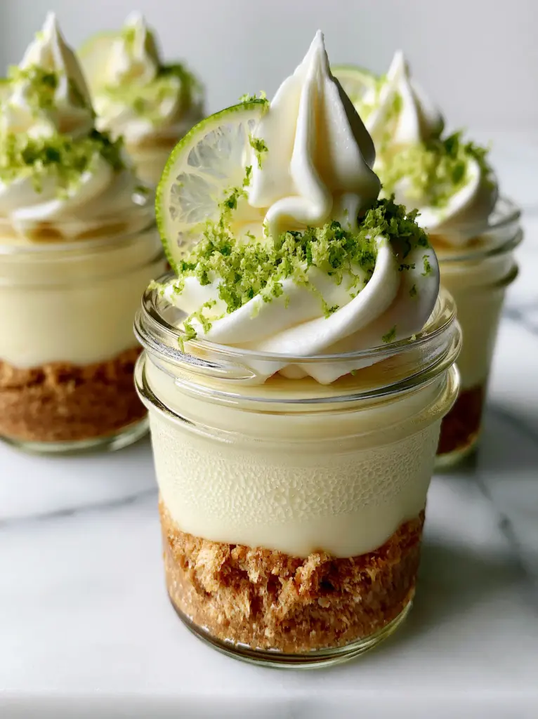 Key Lime Pie Jars: The Ultimate Individual No-Bake Summer Dessert 1 Close-up of the stiff whipped cream swirl and lime zest on top of a key lime pie jar.