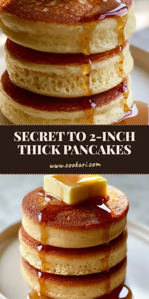 Pancakes Recipe: The Secret to 2-Inch Tall Honeycomb Fluffiness 4 A towering stack of three 2-inch thick fluffy pancakes with melting butter and dripping maple syrup on a white plate. (pancakes recipe)