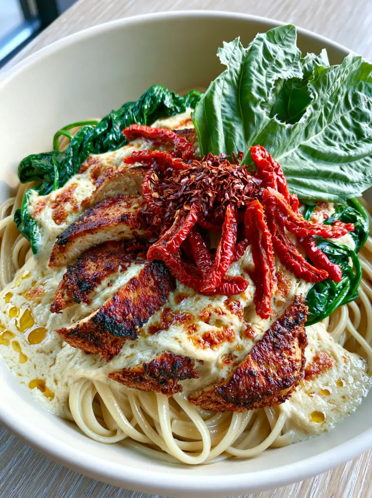 Recipe Ideas: Creamy Tuscan Garlic Chicken Pasta with Sun-Dried Tomatoes 2 A top-down view of a white bowl containing linguine, seared chicken, and ivory cream sauce. (recipe ideas)