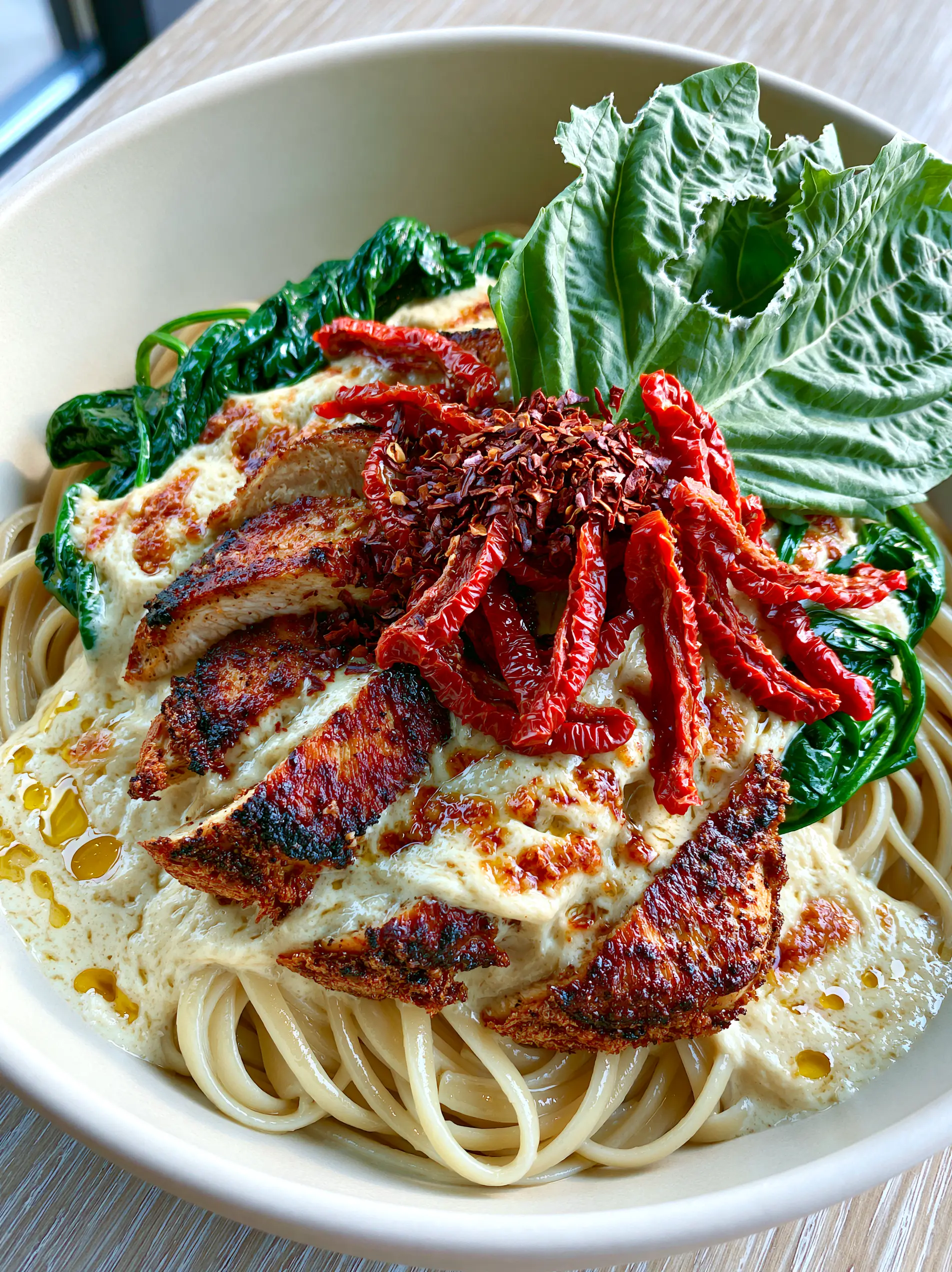 Recipe Ideas: Creamy Tuscan Garlic Chicken Pasta with Sun-Dried Tomatoes 3 A top-down view of a white bowl containing linguine, seared chicken, and ivory cream sauce. (recipe ideas)