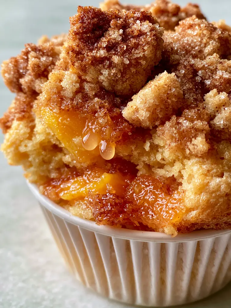 Peach Muffins with Buttery Cinnamon Streusel and Vanilla Bean 1 Close-up of the buttery cinnamon streusel topping on peach muffins with sparkling sugar crystals.