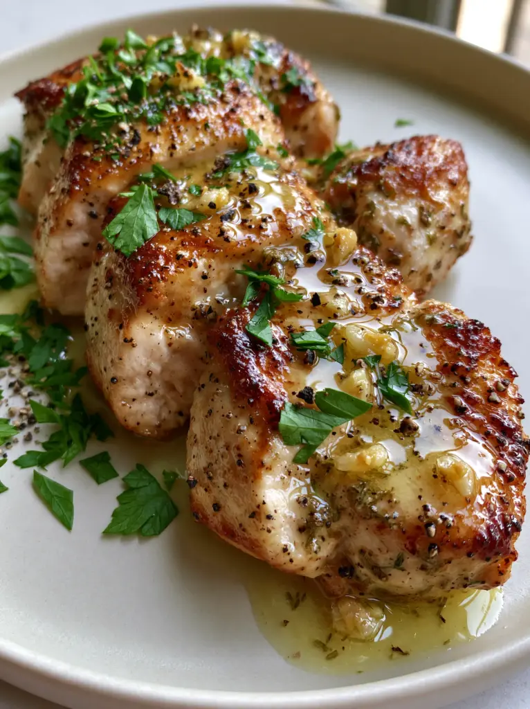 Chicken Breast Dinner Ideas: The Golden Garlic Butter Pan-Seared Masterpiece 1 Close up of translucent garlic butter sauce drizzled over seared chicken with lemon zest and pepper.