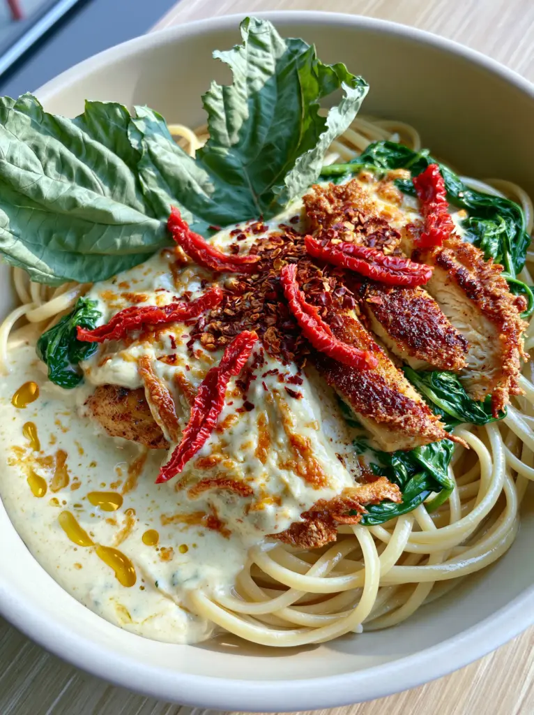 Recipe Ideas: Creamy Tuscan Garlic Chicken Pasta with Sun-Dried Tomatoes 1 Smartphone photo of creamy garlic chicken pasta with vibrant spinach and sundried tomatoes.