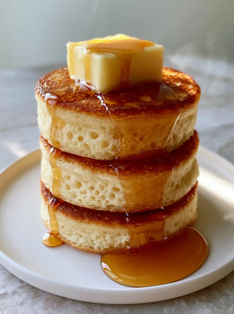 Pancakes Recipe: The Secret to 2-Inch Tall Honeycomb Fluffiness 1 Three 2-inch tall pancakes on a matte white ceramic plate with melting butter and steam. (pancakes recipe)