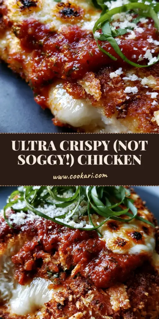Crispy Parmesan Chicken with Bubbly Mozzarella and Fresh Basil 4 A close-up of extra-crispy Parmesan chicken with bubbly charred mozzarella, marinara, and fresh basil ribbons. (Crispy Parmesan Chicken)