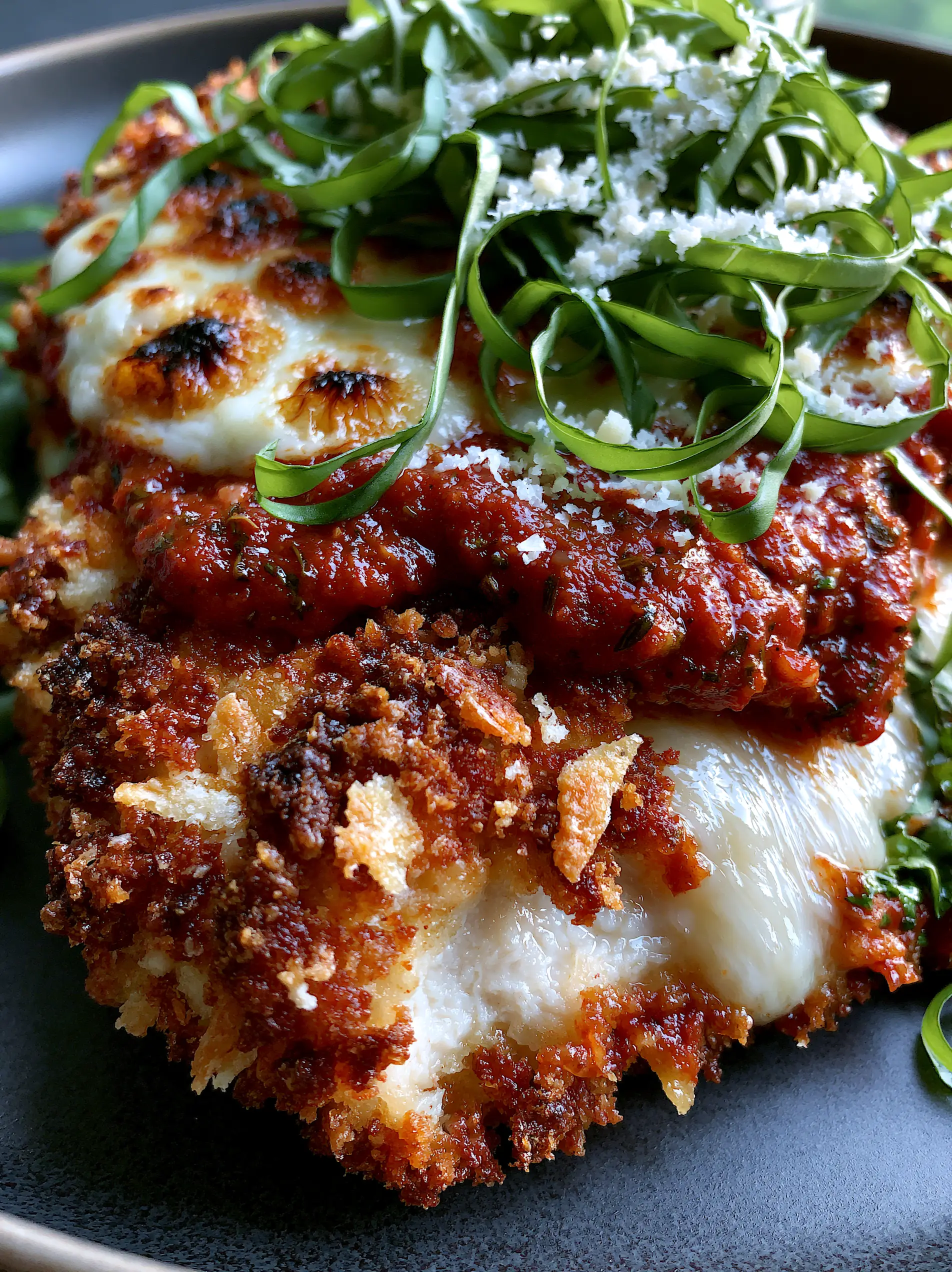 Crispy Parmesan Chicken with Bubbly Mozzarella and Fresh Basil 3 Extreme close-up of sliced Crispy Parmesan Chicken showing the juicy white meat and golden-brown Panko crust. (Crispy Parmesan Chicken)