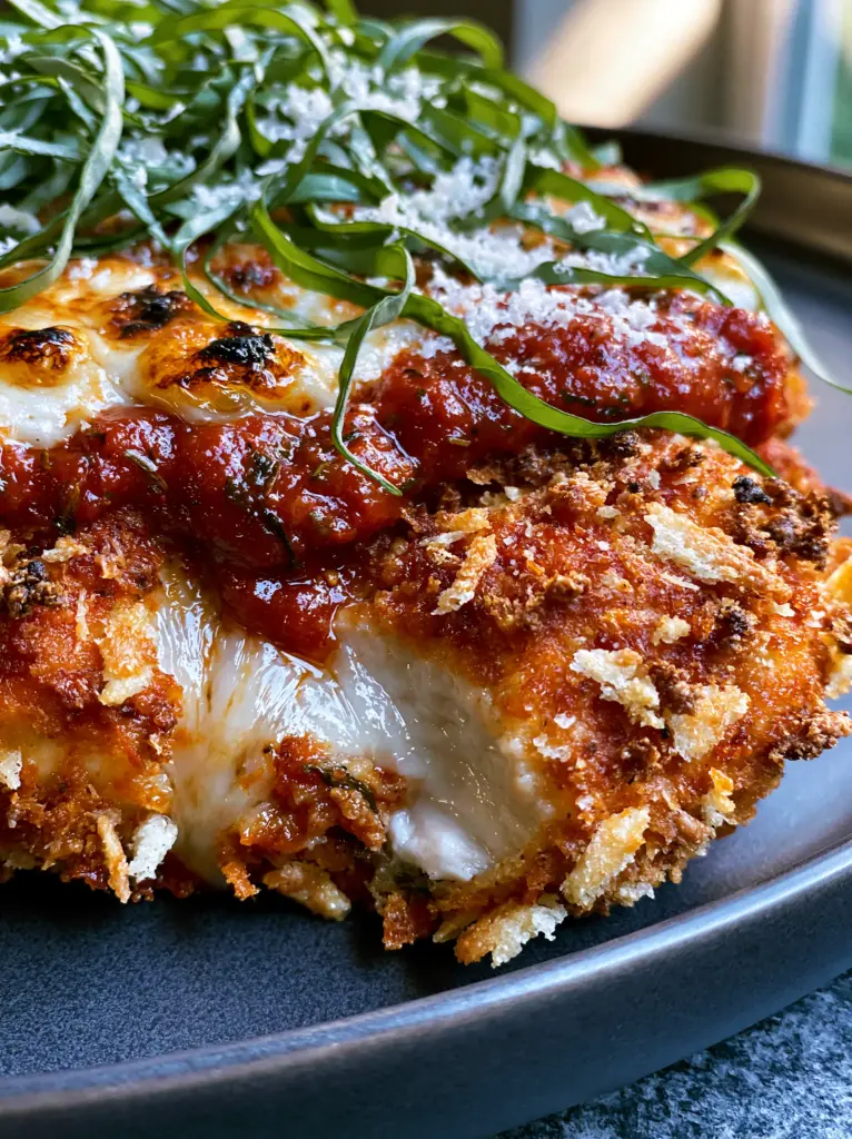 Crispy Parmesan Chicken with Bubbly Mozzarella and Fresh Basil 1 A top-down view of Crispy Parmesan Chicken topped with thick marinara, bubbly cheese with charred spots, and basil ribbons.