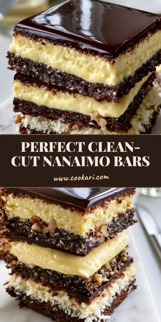 Nanaimo Bars Recipe: The Ultimate Guide to Perfect Triple-Layer Squares 4 A stack of three Nanaimo bars with sharp edges, dark cocoa base, yellow custard filling, and glossy chocolate ganache on a marble slab. (Nanaimo bars recipe)